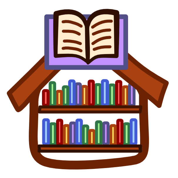 There are 2 shelves filled with books of various colors inside a brown house-shaped frame with a thick roof. At the peak of the roof is an open book with a purple cover. The pages face forward and have brown horizontal lines representing text on them. The image has dark line art.